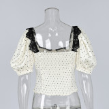 Square Neck Lace Trim Polka Dot Puff Sleeve Blouse