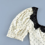 Square Neck Lace Trim Polka Dot Puff Sleeve Blouse
