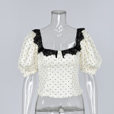Square Neck Lace Trim Polka Dot Puff Sleeve Blouse