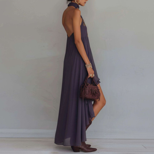 Purple Embroidered High Neck Sleeveless Ruffled Maxi Dress