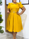 Chic Solid Color Ruffled Hem Short Sleeve Doll Collar Dress
