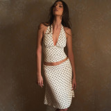 Polka Dot Halter Neck Crop Top and High-Waisted Skirt Set