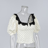 Square Neck Lace Trim Polka Dot Puff Sleeve Blouse