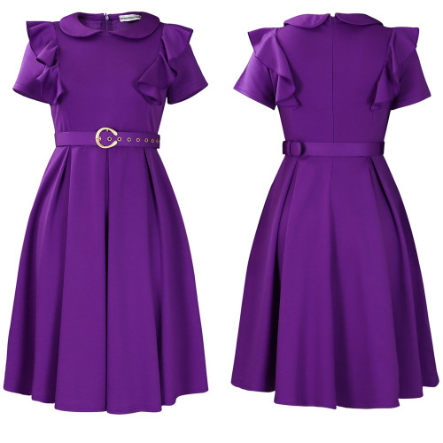 Chic Solid Color Ruffled Hem Short Sleeve Doll Collar Dress