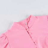 High-Neck Puff Sleeve High-Waisted Dress