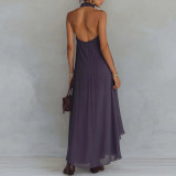 Purple Embroidered High Neck Sleeveless Ruffled Maxi Dress