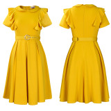 Chic Solid Color Ruffled Hem Short Sleeve Doll Collar Dress