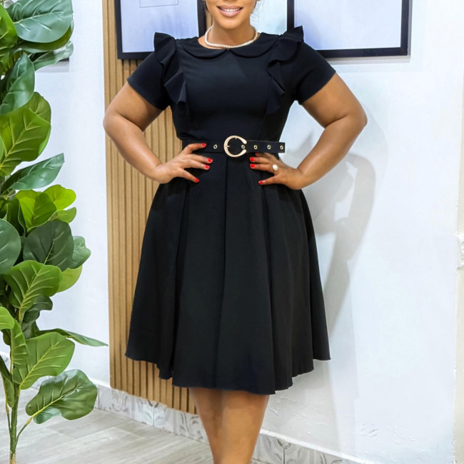 Chic Solid Color Ruffled Hem Short Sleeve Doll Collar Dress