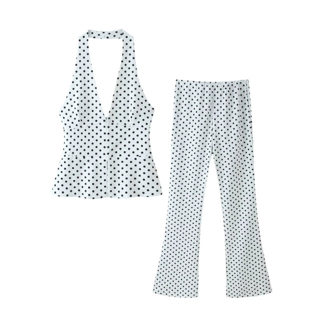 Stretchy Polka Dot Backless Halter Neck Top and Flared Pants Two-Piece Set