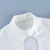 Stylish Stand Collar Puff Sleeve Waist-Cinched Shirt