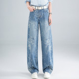 Stylish Blue Printed Denim Flared Pants
