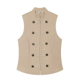 Casual Loose Fit Solid Color Sleeveless Zip Button Shirt