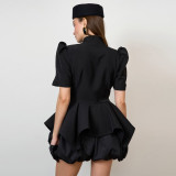 Stylish Stand Collar Puff Sleeve Waist-Cinched Shirt