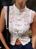 Lace Button Sleeveless Stand Collar Vest Top