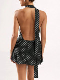 Polka Dot Sleeveless Halter Neck Waist-Cinching Mini Dress