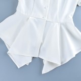 Stylish Stand Collar Puff Sleeve Waist-Cinched Shirt