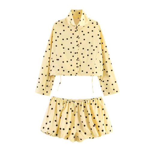 Trendy Polka Dot Balloon Sleeve Jacket and Shorts Set