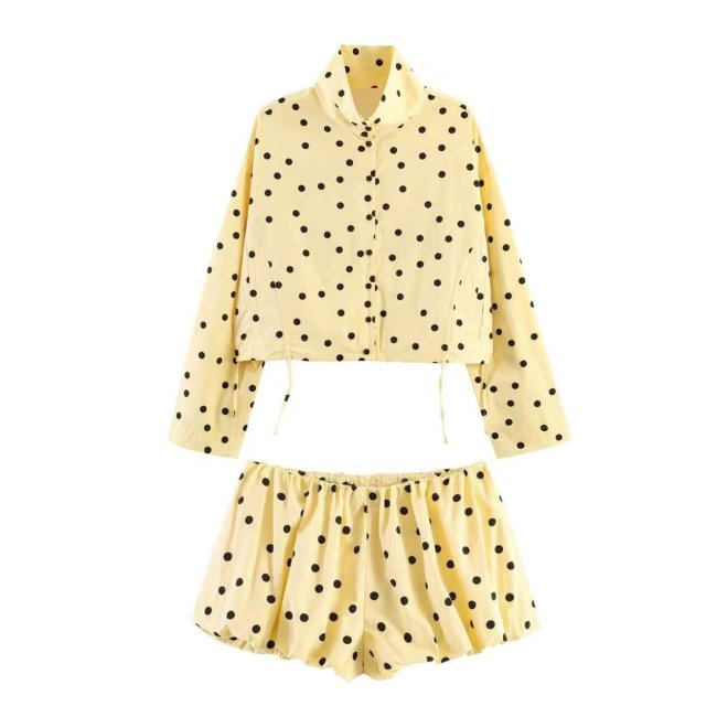 Trendy Polka Dot Balloon Sleeve Jacket and Shorts Set