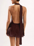 Polka Dot Sleeveless Halter Neck Waist-Cinching Mini Dress