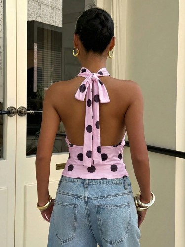 Chic Polka Dot Print Halter Neck Women's Tank Top