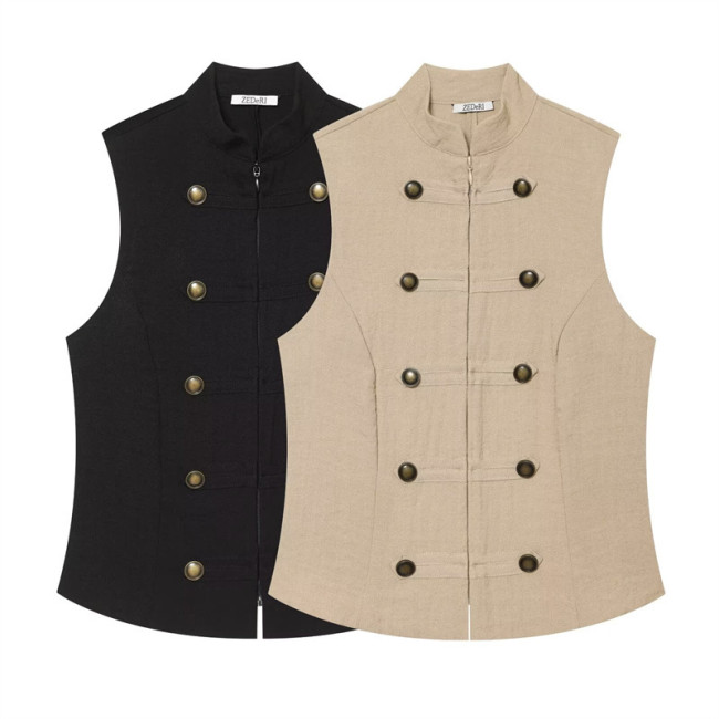 Casual Loose Fit Solid Color Sleeveless Zip Button Shirt