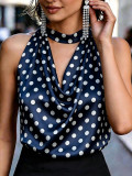 Chic Polka Dot Halter Neck Sleeveless Off-Shoulder V-Neck Top