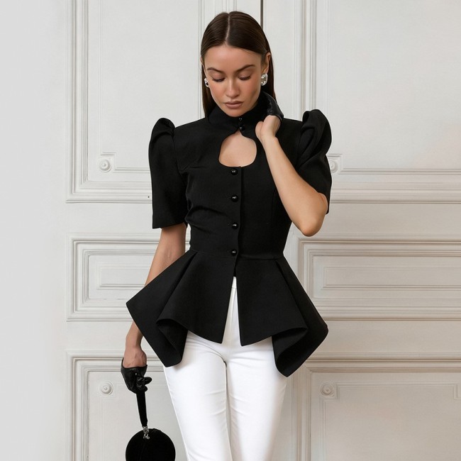 Stylish Stand Collar Puff Sleeve Waist-Cinched Shirt