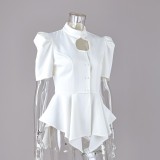 Stylish Stand Collar Puff Sleeve Waist-Cinched Shirt
