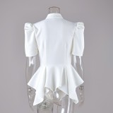 Stylish Stand Collar Puff Sleeve Waist-Cinched Shirt
