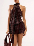 Polka Dot Sleeveless Halter Neck Waist-Cinching Mini Dress