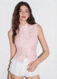 Lace Button Sleeveless Stand Collar Vest Top
