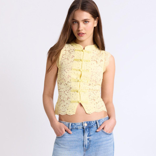 Lace Button Sleeveless Stand Collar Vest Top