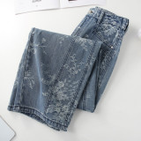 Stylish Blue Printed Denim Flared Pants