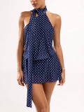 Polka Dot Sleeveless Halter Neck Waist-Cinching Mini Dress