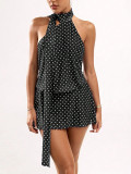 Polka Dot Sleeveless Halter Neck Waist-Cinching Mini Dress