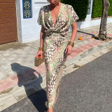 Fashionable Fitted Printed Twist-Front Sexy V-Neck Dress