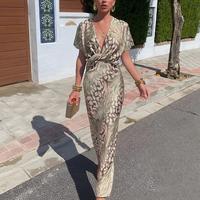 Fashionable Fitted Printed Twist-Front Sexy V-Neck Dress