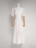 Stand Collar Single-Breasted Embroidered Short Sleeve Waist-Cinching Maxi Dress