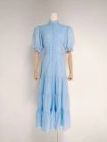 Stand Collar Single-Breasted Embroidered Short Sleeve Waist-Cinching Maxi Dress