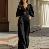 Casual Solid Color Deep V-Neck Loose Fit Jumpsuit for Women