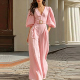 Casual Solid Color Deep V-Neck Loose Fit Jumpsuit for Women