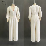 Casual Solid Color Deep V-Neck Loose Fit Jumpsuit for Women