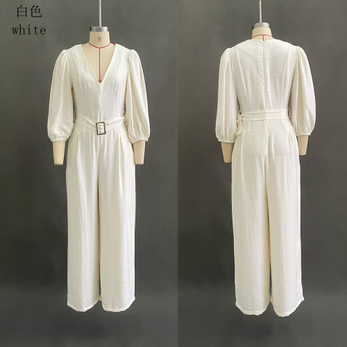 Casual Solid Color Deep V-Neck Loose Fit Jumpsuit for Women