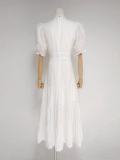 Stand Collar Single-Breasted Embroidered Short Sleeve Waist-Cinching Maxi Dress