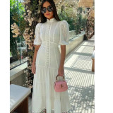 Stand Collar Single-Breasted Embroidered Short Sleeve Waist-Cinching Maxi Dress