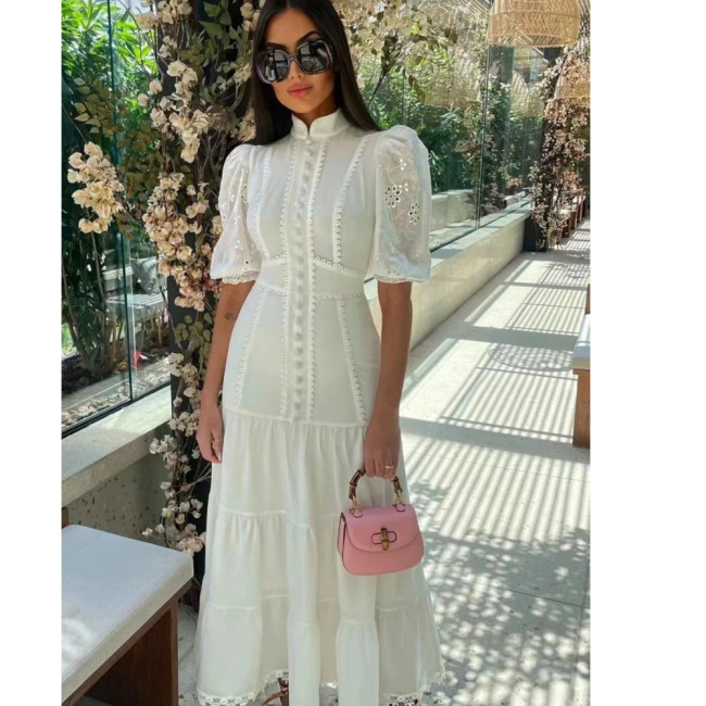 Stand Collar Single-Breasted Embroidered Short Sleeve Waist-Cinching Maxi Dress