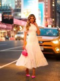 Stand Collar Single-Breasted Embroidered Short Sleeve Waist-Cinching Maxi Dress