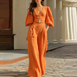 Casual Solid Color Deep V-Neck Loose Fit Jumpsuit for Women