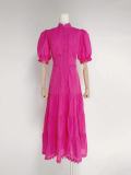 Stand Collar Single-Breasted Embroidered Short Sleeve Waist-Cinching Maxi Dress