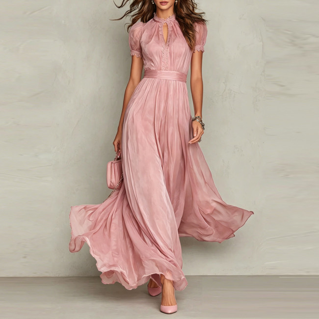 Elegant V-Neck Waist-Cinching Ruffled Casual Maxi Dress